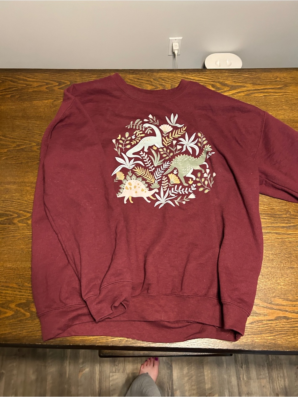 Maroon Crewneck Sweater with Dinosaur Graphic